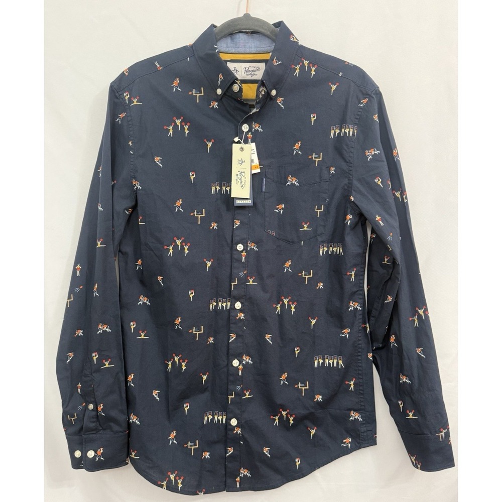 NWT Original Penguin Button Down Shirt Mens S Football Cheerleader Print Navy